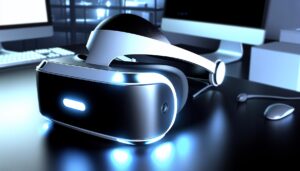 Casco de realidad virtual en un escritorio moderno, conectado a un ordenador, en un entorno de oficina futurista con iluminación suave y paleta de colores azules y plateados.