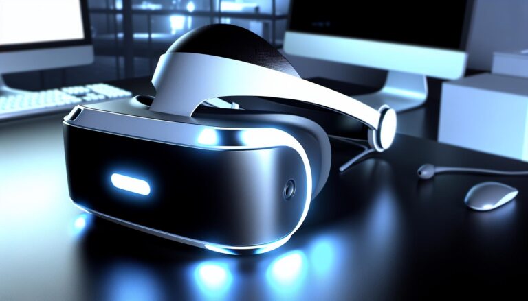 Casco de realidad virtual en un escritorio moderno, conectado a un ordenador, en un entorno de oficina futurista con iluminación suave y paleta de colores azules y plateados.