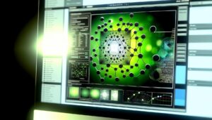 Pantalla de ordenador mostrando un complejo diagrama de un algoritmo de aprendizaje automático, con un resplandor suave y colores azul y verde que destacan su innovación. La imagen es fotorealista y centrada en el algoritmo.