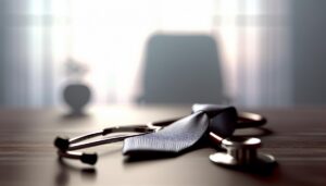 Estetoscopio y corbata sobre un escritorio que simbolizan la armonía entre profesiones de diferentes géneros, en un entorno de trabajo diverso.