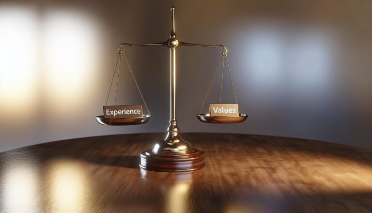 Balanza con 'experiencia' en un lado y 'valores' en el otro sobre un escritorio de madera, iluminada con un suave resplandor.
