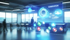 Elementos de gamificación como insignias y barras de progreso en una interfaz digital en un entorno de oficina moderna, con iluminación suave y colores brillantes.