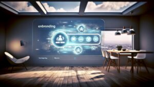 Interfaz digital de incorporación en una pantalla virtual en una oficina en casa, mostrando íconos de aplicaciones como Zoom y Slack con un diseño futurista y un esquema de colores en azul y blanco.