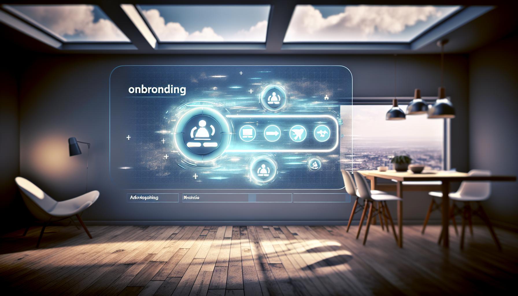 Interfaz digital de incorporación en una pantalla virtual en una oficina en casa, mostrando íconos de aplicaciones como Zoom y Slack con un diseño futurista y un esquema de colores en azul y blanco.