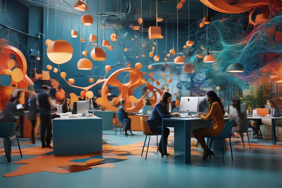 Visualización conceptual del 'Employer Branding', con elementos abstractos de redes digitales y compromiso humano, en un entorno laboral moderno y flexible, destacando la adaptabilidad y el crecimiento en un diseño limpio y equilibrado.