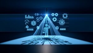 Toma cinematográfica de herramientas de análisis de inteligencia artificial y patrones de datos de comportamiento en un entorno de reclutamiento, iluminada dramáticamente con un enfoque en la tecnología de automatización y precisión.