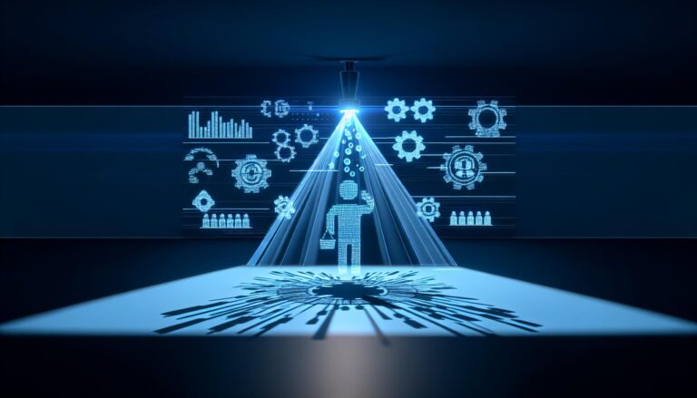 Toma cinematográfica de herramientas de análisis de inteligencia artificial y patrones de datos de comportamiento en un entorno de reclutamiento, iluminada dramáticamente con un enfoque en la tecnología de automatización y precisión.