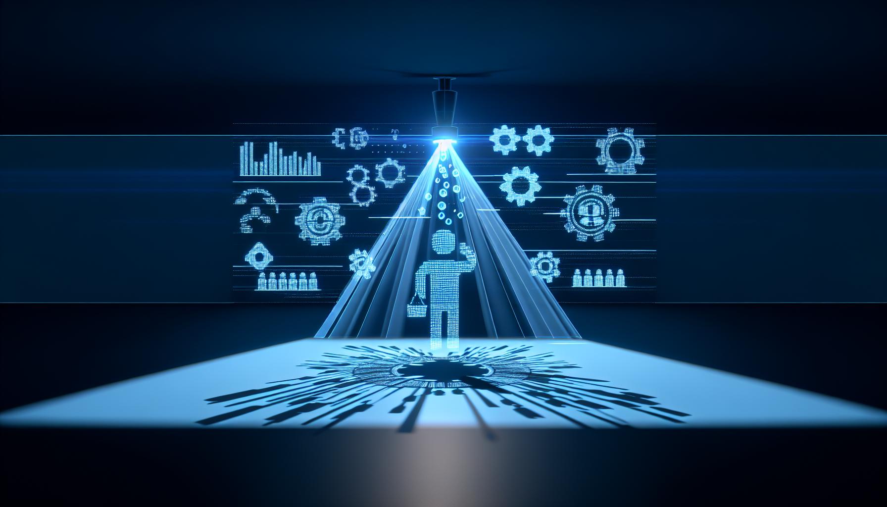 Toma cinematográfica de herramientas de análisis de inteligencia artificial y patrones de datos de comportamiento en un entorno de reclutamiento, iluminada dramáticamente con un enfoque en la tecnología de automatización y precisión.