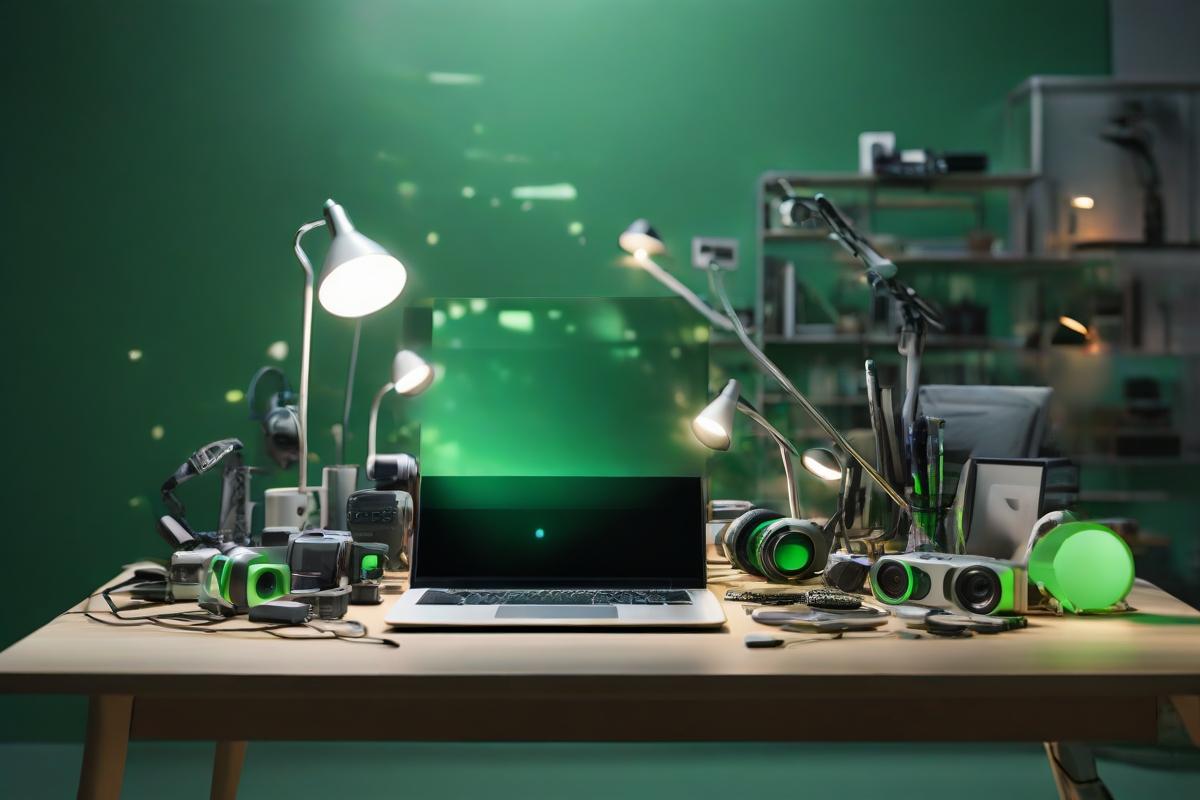 Composición creativa de dispositivos tecnológicos que representan la inclusión digital, con un brillo suave y colores verde y plateado, mostrada en un formato asimétrico y limpio.