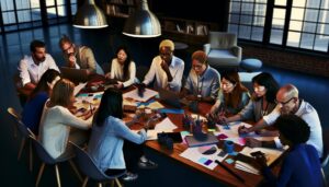 Grupo diverso de personas colaborando en una mesa con papeles, laptops y marcadores, en un ambiente de oficina moderna. La imagen transmite una sensación de unidad y resolución colectiva de problemas.