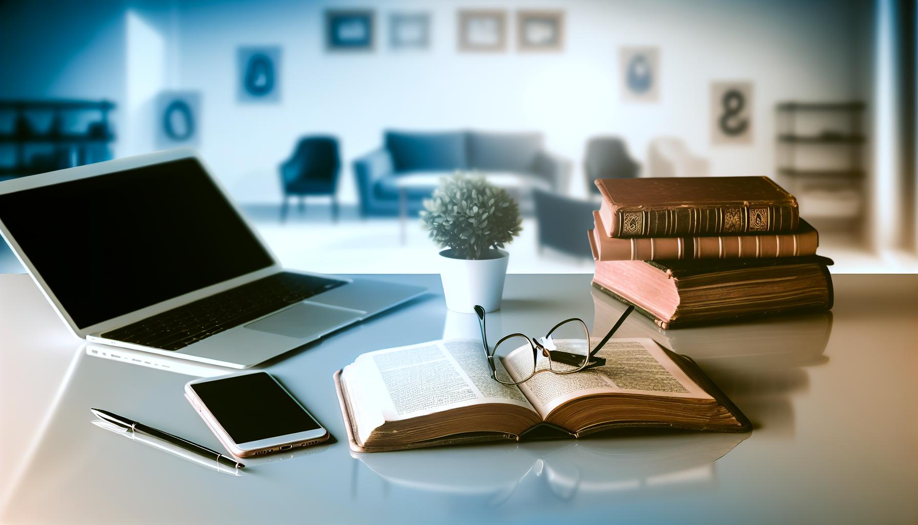 Representación de la diversidad generacional en un ambiente de oficina moderna, mostrando elementos de experiencia como un libro y gafas, y símbolos de innovación como un portátil y un smartphone, todo en una paleta de colores suaves.