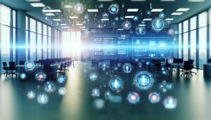 Herramientas digitales para la retención de talento en un entorno laboral, mostrando un panel de control y una plataforma de comunicación en un espacio de oficina abierto, con un fondo iluminado suavemente y una paleta de colores azules y verdes.