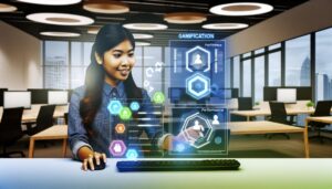 Joven empleado en un moderno espacio de trabajo, rodeado de pantallas interactivas y gráficos de juego, con un ambiente acogedor y vibrante en azules y verdes, reflejando flexibilidad e innovación.