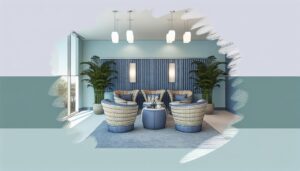 Oficina tranquila y bien organizada con asientos acogedores y plantas, luz natural y colores relajantes.