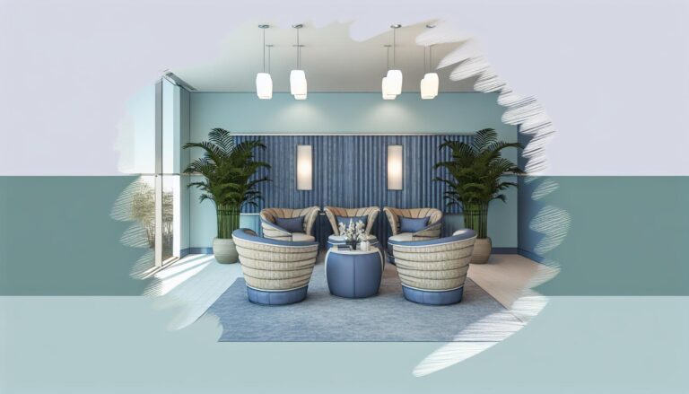 Oficina tranquila y bien organizada con asientos acogedores y plantas, luz natural y colores relajantes.