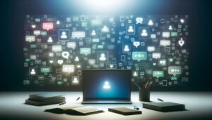 Herramientas de comunicación digital en un entorno colaborativo, incluyendo un laptop y aplicaciones de mensajería, con un fondo de notificaciones y burbujas de chat en una atmósfera cálida y acogedora.