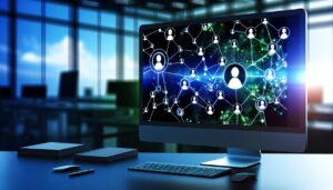 Representación visual del 'reclutamiento pasivo' en una oficina moderna, con una red digital de candidatos en una pantalla de computadora, destacando conexiones en colores azul y verde.