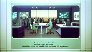 Interfaz digital de una plataforma de reclutamiento gamificada en un entorno de oficina moderna, con un diseño atractivo e iluminación suave que resalta elementos tecnológicos.