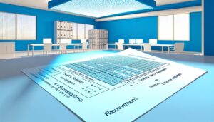 Matriz de evaluación de habilidades blandas en un entorno de oficina de recursos humanos, con un fondo iluminado en tonos azul y blanco, y líneas simétricas y claras que organizan las competencias y calificaciones.