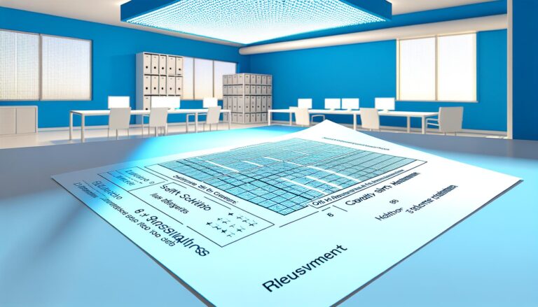 Matriz de evaluación de habilidades blandas en un entorno de oficina de recursos humanos, con un fondo iluminado en tonos azul y blanco, y líneas simétricas y claras que organizan las competencias y calificaciones.