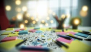 Espacio de trabajo creativo con notas adhesivas de colores y papeles llenos de bocetos, simbolizando la innovación y la colaboración en un entorno empresarial dinámico.