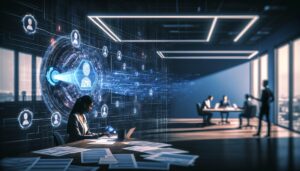 Colaboración entre inteligencia artificial y reclutadores humanos en un ambiente de oficina, con un enfoque en la interfaz digital y perfiles en pantalla, en un entorno de alta tecnología marcado por contraste y un uso eficiente del espacio negativo.