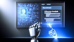 Monitor de computadora que muestra análisis de currículum por IA y mano robótica interactuando con una aplicación de reclutamiento digital, con fondo iluminado en tonos azules y plateados.