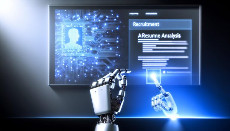 Monitor de computadora que muestra análisis de currículum por IA y mano robótica interactuando con una aplicación de reclutamiento digital, con fondo iluminado en tonos azules y plateados.