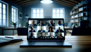 Laptop en una oficina en casa mostrando una reunión virtual con participantes diversos en la pantalla, rodeada de un ambiente ordenado y acogedor, con iluminación suave.