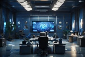 Elementos de juego y distintivos digitales en una oficina moderna, iluminados dramáticamente, simbolizando el logro y el crecimiento profesional en tonos azul y plata.