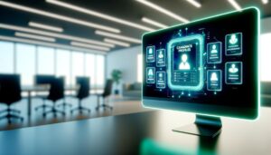 Interfaz digital de reclutamiento en una pantalla de computadora en un moderno entorno de oficina, mostrando perfiles de candidatos y entrevistas programadas, con un ambiente profesional y tecnológico.