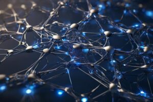 Visualización de algoritmos avanzados de inteligencia artificial como una red compleja de nodos y líneas interconectadas, en un fondo futurista con luces azules y plateadas, que simboliza la evaluación de talentos.