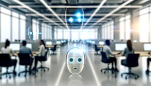 Chatbots y asistentes virtuales en una oficina moderna, interactuando con empleados en un entorno de trabajo iluminado con luz suave y elementos holográficos.