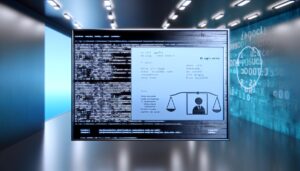Interfaz de inteligencia artificial en una oficina moderna mostrando codificación y un currículum digital, con una balanza de justicia simbólica, en tonos azules y plateados.