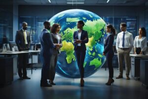 Grupo diverso de personas colaborando alrededor de un globo digital en un entorno corporativo, simbolizando la inteligencia cultural y la inclusión en el trabajo.