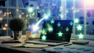 Imagen de un espacio de trabajo con un laptop que muestra software de retroalimentación, una pequeña planta sobre el escritorio, con un fondo desenfocado que resalta las herramientas de retroalimentación digital.