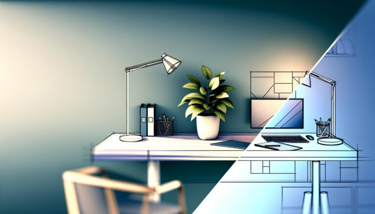 Oficina moderna con un escritorio que muestra un laptop y una planta, iluminada con luz natural. El ambiente refleja un diseño minimalista en tonos azules y verdes.