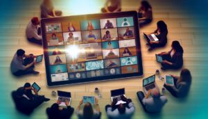 Grupo diverso de trabajadores remotos colaborando en una reunión virtual, enfocándose en dispositivos digitales como laptops y tabletas. La imagen destaca la diversidad y la inclusión en la comunicación efectiva.