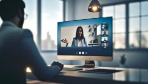 Entrevista virtual en un entorno moderno, donde un entrevistador interactúa con un candidato a través de una pantalla de computadora en un hogar con luz natural y tonos suaves.