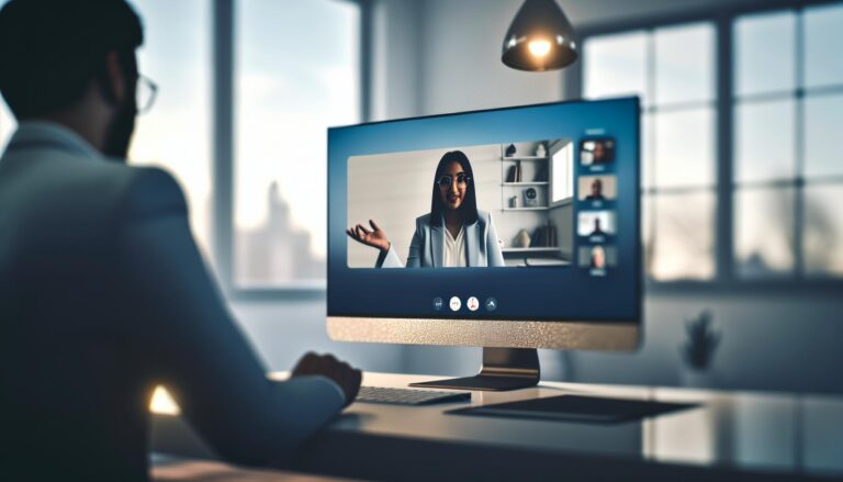 Entrevista virtual en un entorno moderno, donde un entrevistador interactúa con un candidato a través de una pantalla de computadora en un hogar con luz natural y tonos suaves.