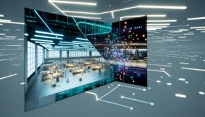 Interfaz digital de reclutamiento en un entorno de trabajo moderno, destacando la cultura inclusiva y colaborativa, con colores azul y verde que simbolizan innovación y sostenibilidad.