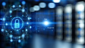 Interfaz de algoritmo de inteligencia artificial mostrando análisis de datos con un candado digital en el fondo, iluminada con colores azul y plata, en una composición limpia y tecnológica.