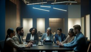 Grupo diverso de profesionales de varias generaciones discutiendo en una oficina moderna, destacando herramientas de comunicación tradicionales y digitales, con un ambiente cálido e inclusivo.