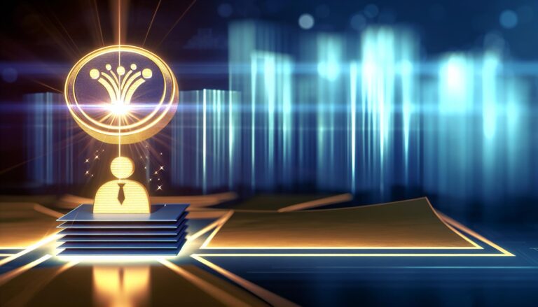 Emblema luminoso que representa 'Employer Branding' sobre documentos de negocio en una oficina moderna, acompañado de un símbolo abstracto de 'Employee Value Proposition'. Iluminación suave en tonos azul y dorado, evocando un sentido de planificación estratégica y cultura corporativa positiva.