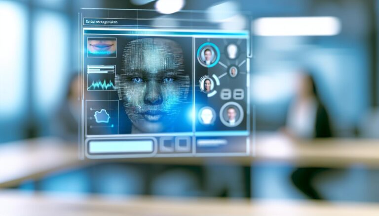 Interfaz de software de entrevistas virtuales con tecnología de reconocimiento facial, incluyendo gráficos de análisis facial y detección de emociones, en un entorno digital blurry y con tonos azul eléctrico y gris.