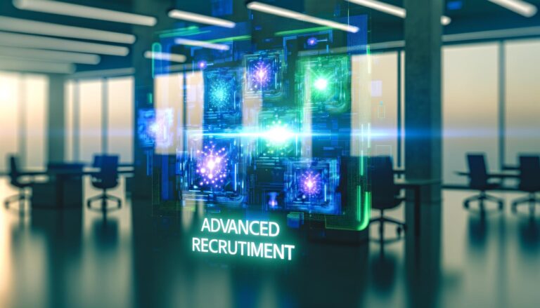 Imagen de herramientas de reclutamiento avanzadas con interfaces digitales brillantes en un entorno de oficina futurista, iluminada con luz suave, resaltando detalles en azul y verde.