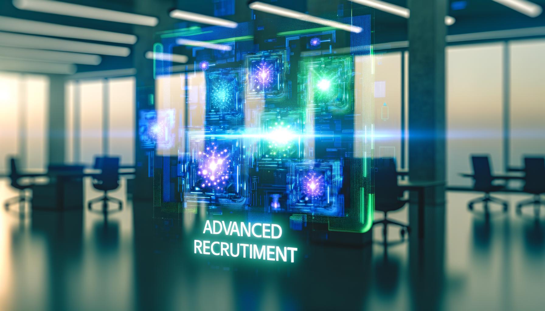 Imagen de herramientas de reclutamiento avanzadas con interfaces digitales brillantes en un entorno de oficina futurista, iluminada con luz suave, resaltando detalles en azul y verde.