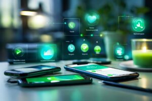 Imagen enmarcada de herramientas de bienestar digital y un smartphone con aplicaciones de salud en un entorno de oficina moderna, iluminada con luz natural y tonos azules y verdes.