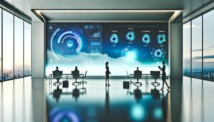 Una oficina moderna con pantallas mostrando plataformas de aprendizaje de inteligencia artificial, gráficos y módulos de aprendizaje enfocados, con colores vibrantes y una iluminación suave.