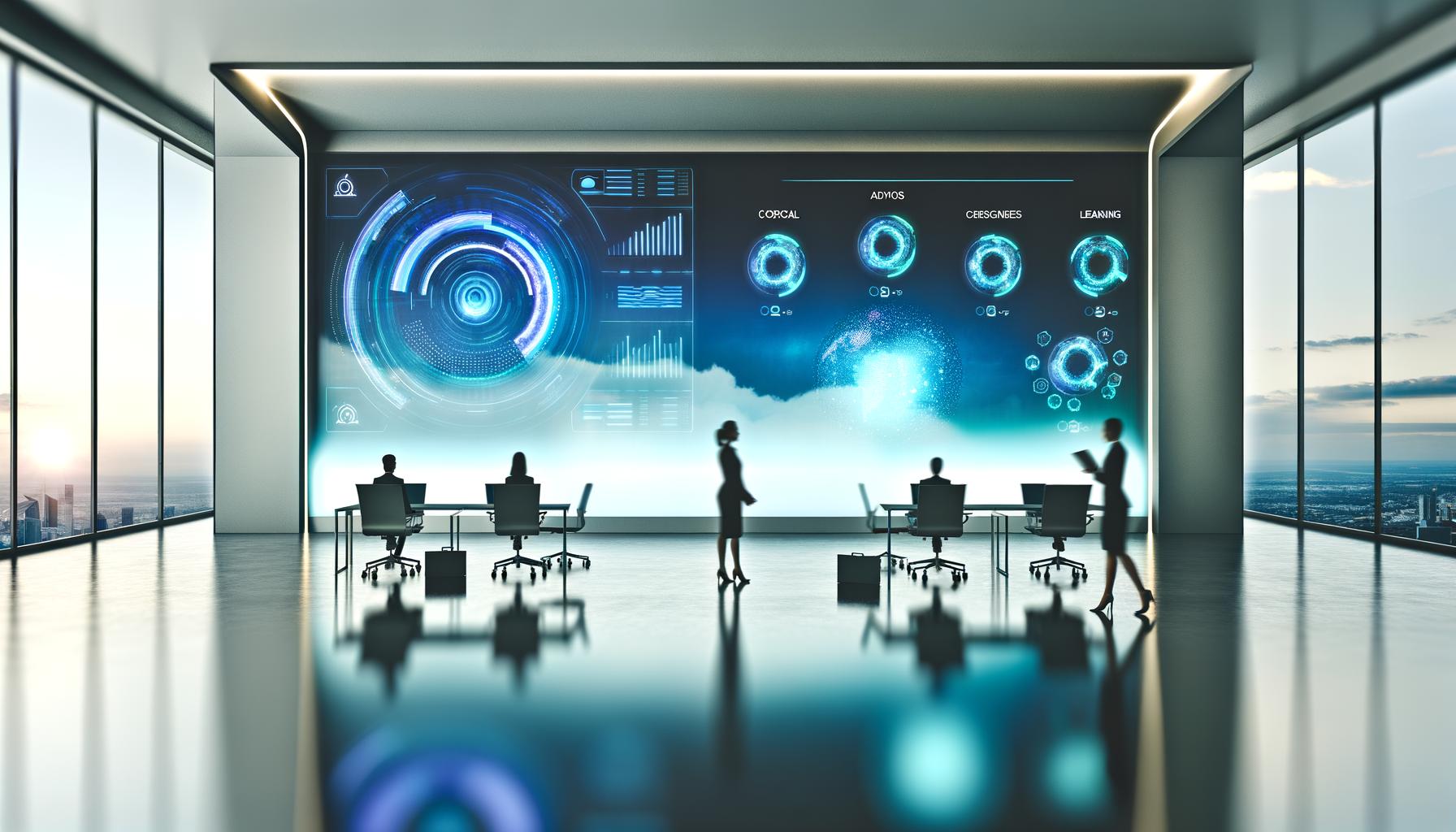 Una oficina moderna con pantallas mostrando plataformas de aprendizaje de inteligencia artificial, gráficos y módulos de aprendizaje enfocados, con colores vibrantes y una iluminación suave.